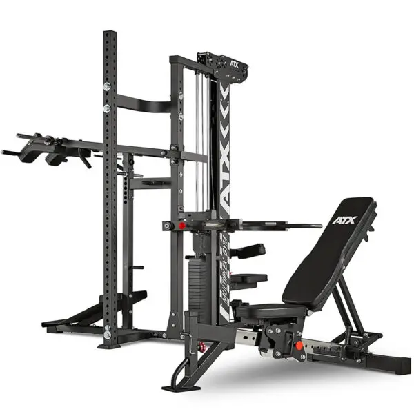 The ATX® MultipleX Multi Gym - 700 is a multi-functional gym machine with a black finish, featuring a bench press, pull-up bar, adjustable weight stack, and various exercise attachments for a versatile workout.