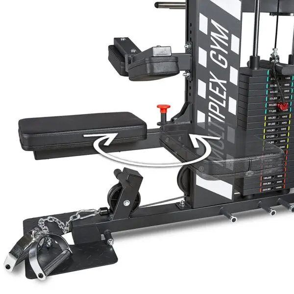 The ATX® MultipleX Multi Gym - 700 includes an adjustable bench, weight stack with labeled settings, cable attachments, and a directional arrow for bench rotation.