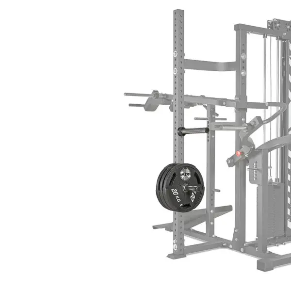 The ATX® MultipleX Multi Gym - 700 is a multi-functional exercise machine with adjustable settings and an attached barbell with various weight plates, perfect for strength training.