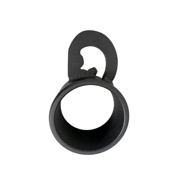 A vertically positioned black metal T-BAR Row attachment Collar with an open circle tab at the top, similar to a bottle opener shape, against a white background.