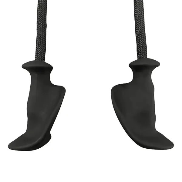 Close-up of two black TriGrips Long Handles, resembling hook-like objects, attached to braided cords against a white background. They feature a smooth texture and a curved design.