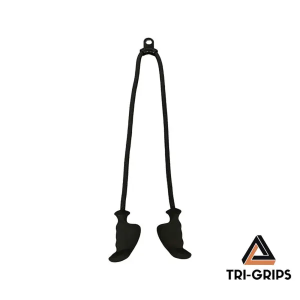 Black plastic grips on a rope resembling stirrups, with a small loop at the top, are shown against a white background featuring the TriGrips Long Handles logo with a triangle and an orange accent in the bottom right corner.