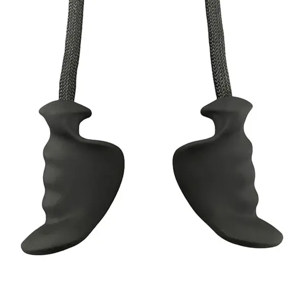 The TriGrips Long Handles consist of two contoured black earplugs connected by a braided cord for ergonomic fitting.