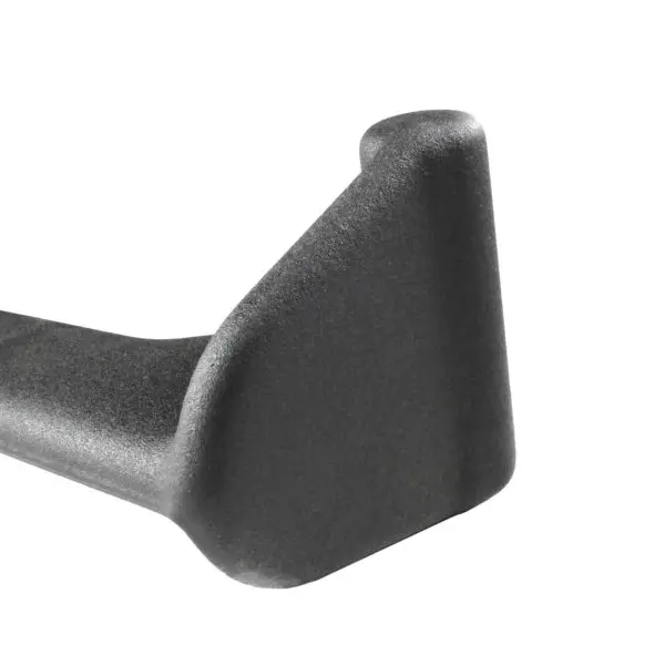 Close-up of the Full Advantage Grip - WIDE GRIP: a gray, L-shaped, textured metal bracket with smooth curves and tapering edges. Its matte surface looks sturdy, ideal for supporting or joining structures.