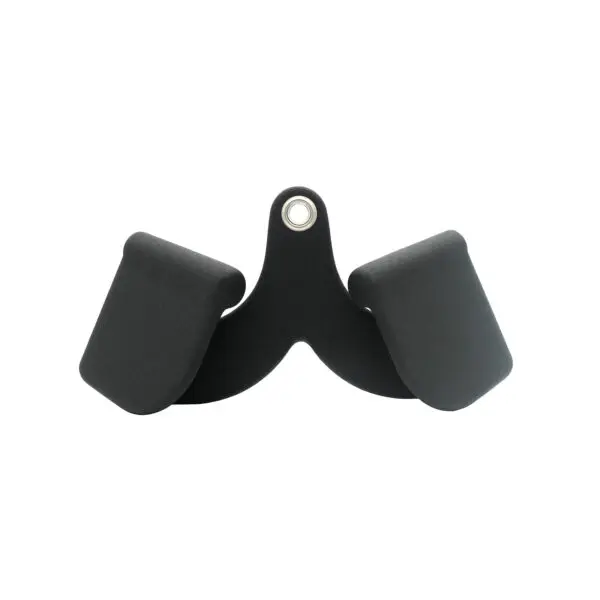 The Full Advantage Grip - Close Supinate Grip is a black ergonomic support pad with a curved base and two cushioned sections connected at the top by a metal ring for attachment.