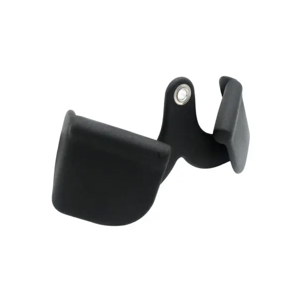 The Full Advantage Grip - Close Supinate Grip is a black, L-shaped plastic device featuring two flat ends and a central pivot point, designed as a holder or mount for securing objects.