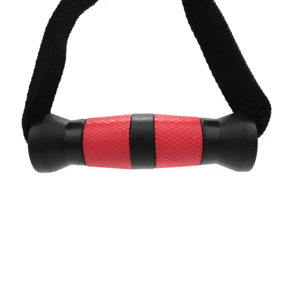 The Nylon Ergo Stirrup Handle is a red and black textured exercise grip with a strap for fitness gear like resistance bands or cables, featuring a non-slip surface for secure handling.