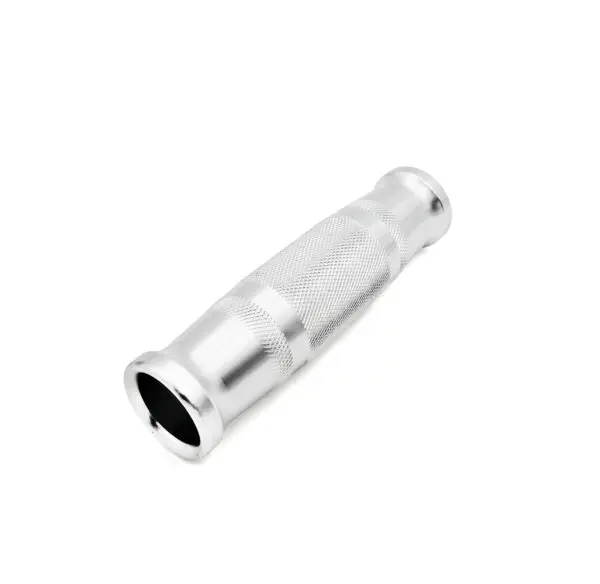 The Handle Grip 25x130mm ALUMINIUM is silver, cylindrical-shaped, features a textured grip in the center, and is shown at an angle on a white background.