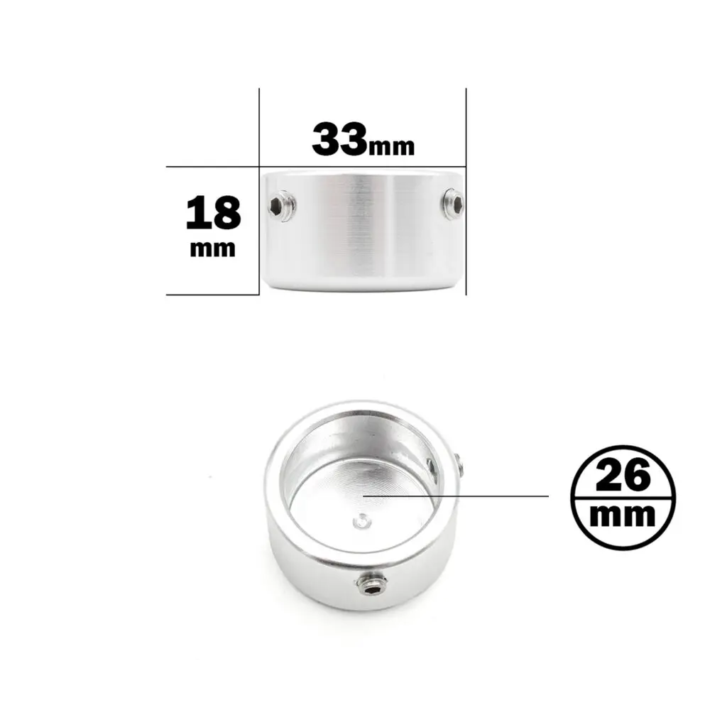 An aluminum cap for a 25mm tube, silver, cylindrical with an 18mm height and 33mm diameter. Features a 26mm inner diameter and two side screws. Includes top and side views on a white background.
