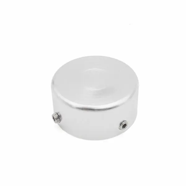 A round, silver aluminum cap for a 32mm tube with two side screws is designed for housing electrical connections. Its smooth, cylindrical surface is displayed on a white background.