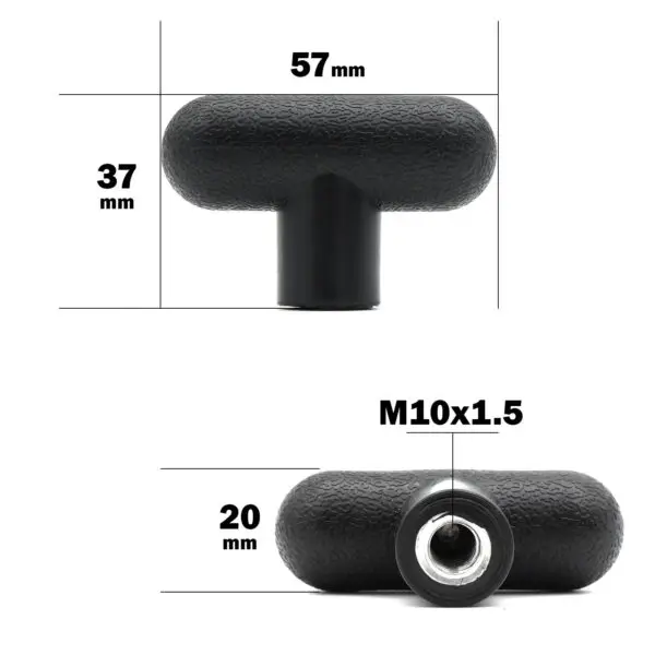 The M10 Knob T Head has a black textured T-shaped handle with dimensions of 57mm in width and 37mm in height. The bottom view reveals a threaded M10x1.5 hole with a 20mm depth.