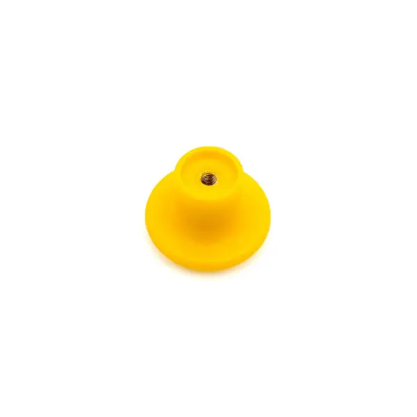 The M6 Knob 50mm Head is a small, yellow, round plastic object featuring a central hole and a metallic inner ring on a plain white background.