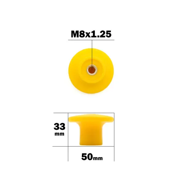 Yellow plastic M8 Knob 50mm Head, showing threading labeled M8x1.25, with a top view and side dimensions of 33mm height and 50mm width.
