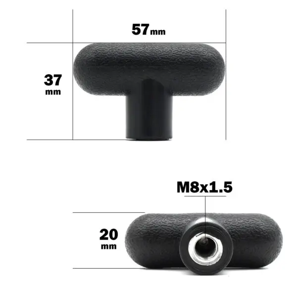 The M8 Knob T Head features a black T-shaped textured grip handle, measuring 57mm in width, 37mm in height, and 20mm in depth with a side view showing a threaded hole labeled M8x1.5.