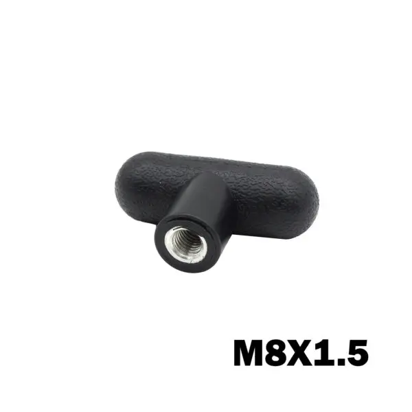 A black T-shaped handle, named M8 Knob T Head, features a threaded metal insert labeled M8X1.5 in bold on a white background.