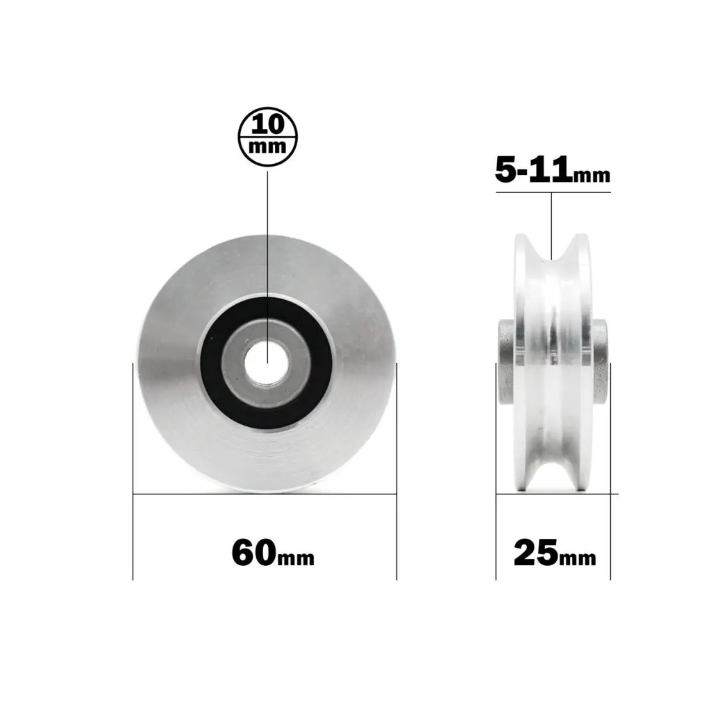 Image of a 60mm Aluminium Pulley with outer diameter 60mm, bore diameter 10mm, groove width 5-11mm, and side view width of 25mm.
