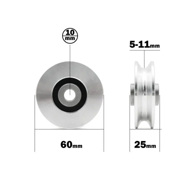 Image of a 60mm Aluminium Pulley with outer diameter 60mm, bore diameter 10mm, groove width 5-11mm, and side view width of 25mm.