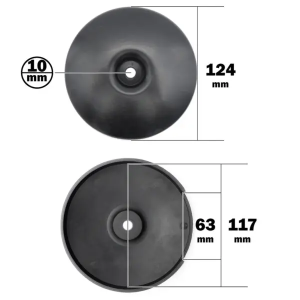 Image featuring two views of the Pulley Cover 117ID, a black plastic disc. The top view shows a central hole of 10 mm with a diameter of 124 mm, while the bottom view reveals a rim depth of 63 mm and a diameter of 117 mm.