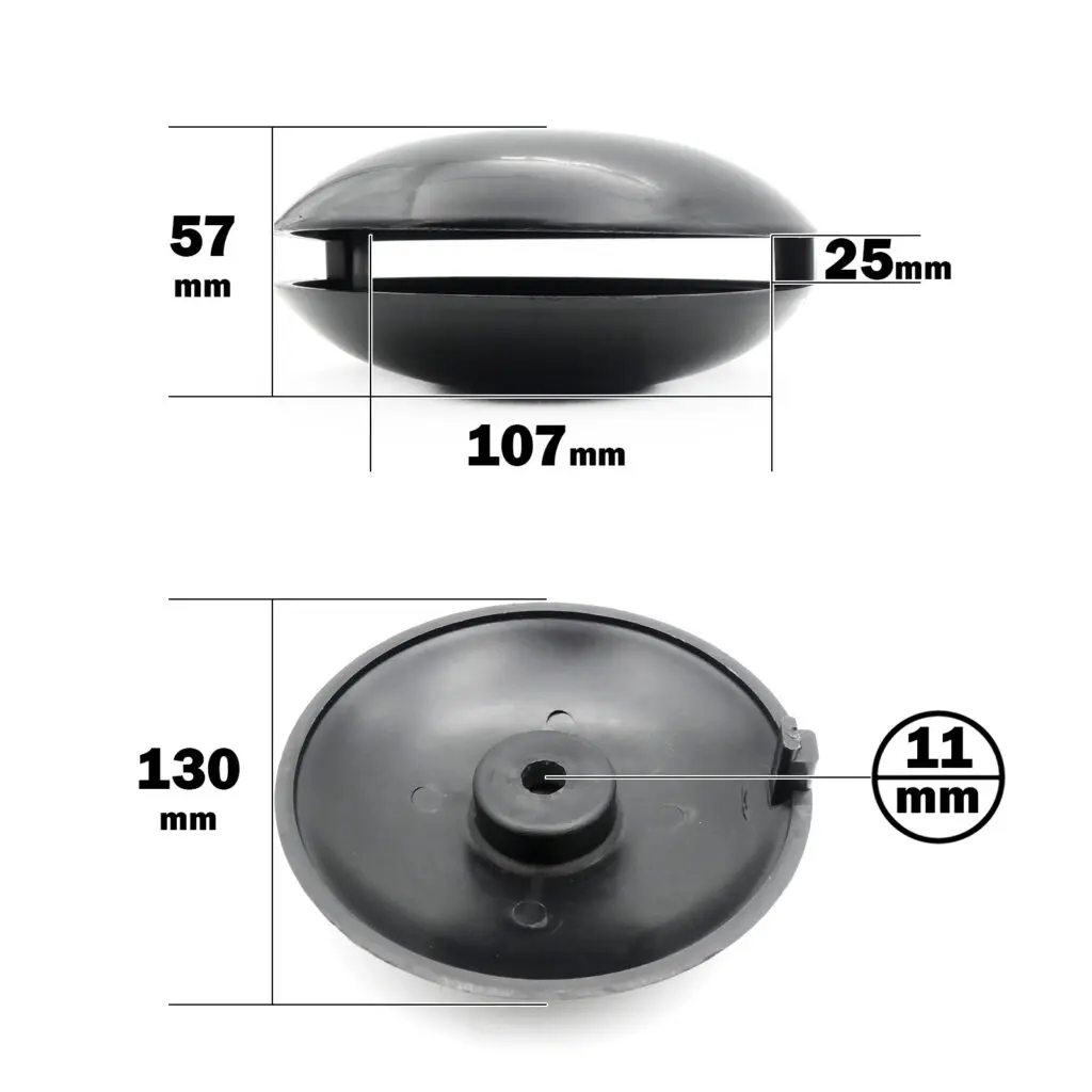 The Pulley Cover 120ID features a black round shape with a side view showing a height of 57 mm, top thickness of 25 mm, and a diameter of 107 mm. From the bottom view, it has a diameter of 130 mm and an 11 mm central hole.