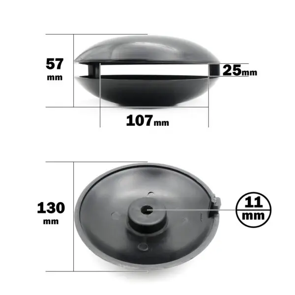 The Pulley Cover 120ID features a black round shape with a side view showing a height of 57 mm, top thickness of 25 mm, and a diameter of 107 mm. From the bottom view, it has a diameter of 130 mm and an 11 mm central hole.