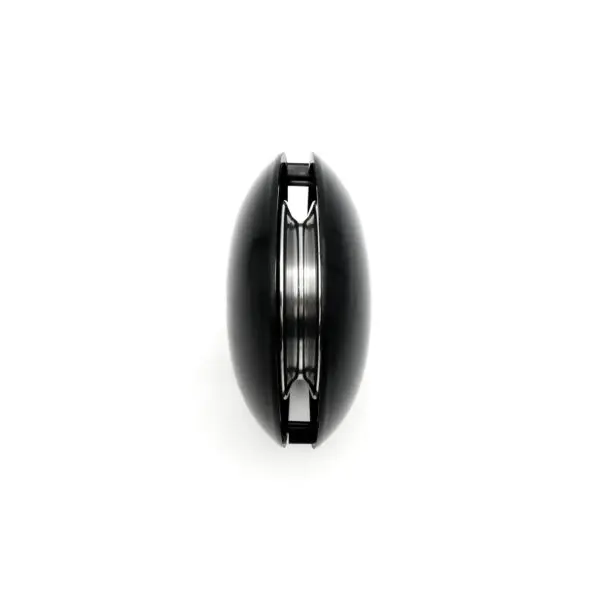 The Pulley Cover 120ID features a black exterior with a polished silver interior, shown from the side to highlight its symmetrical and sleek design against a plain white background.