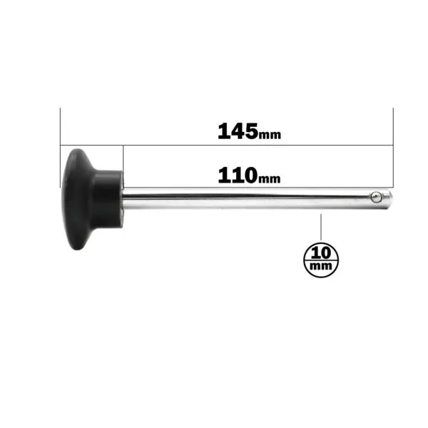Image of a Locking Pin featuring a metal rod with a 110mm length and 10mm diameter black rubber stopper, total length 145mm. A small pinhole is near the rods other end.