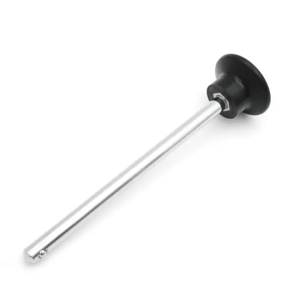 A Locking Pin 150mm D10mm, featuring a silver tire valve stem tool with a black rubber handle for installing and removing vehicle tire valve stems, rests on a plain white background.