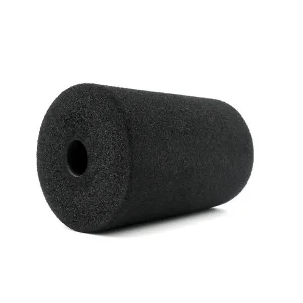 A horizontally positioned black Foam Roller 100 x 150mm with a textured surface and hollow center on a plain white background.