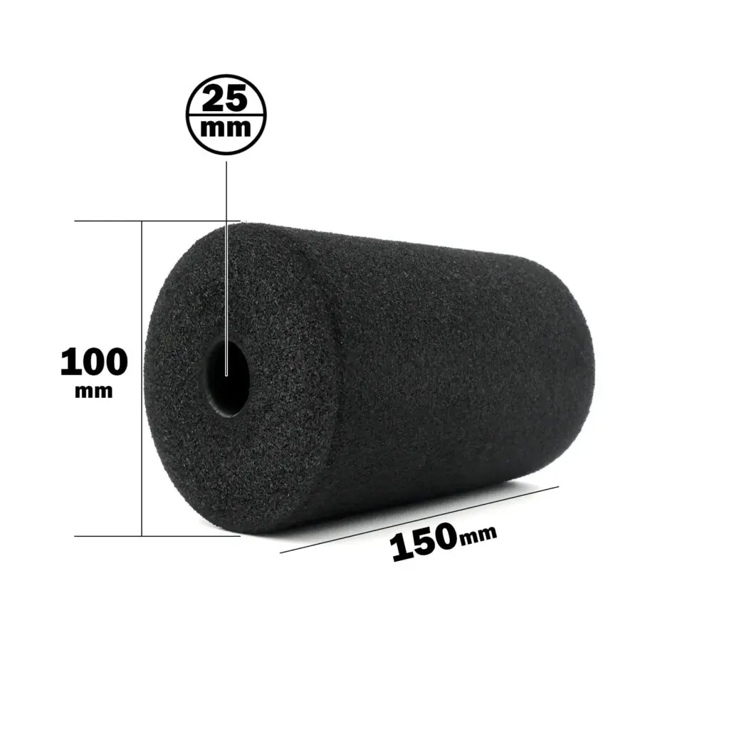 The Foam Roller 100 x 150mm is a black foam cylinder measuring 100mm in height and 150mm in length, with a central hole diameter of 25mm.