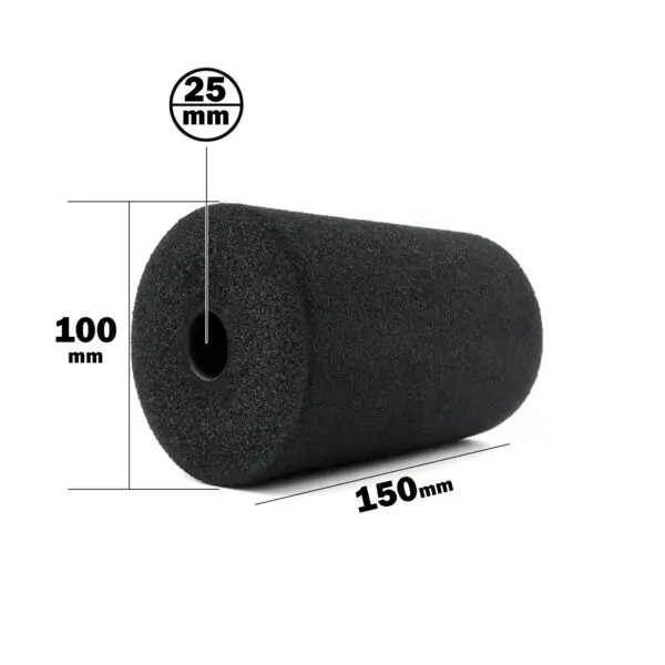 The Foam Roller 100 x 150mm is a black foam cylinder measuring 100mm in height and 150mm in length, with a central hole diameter of 25mm.