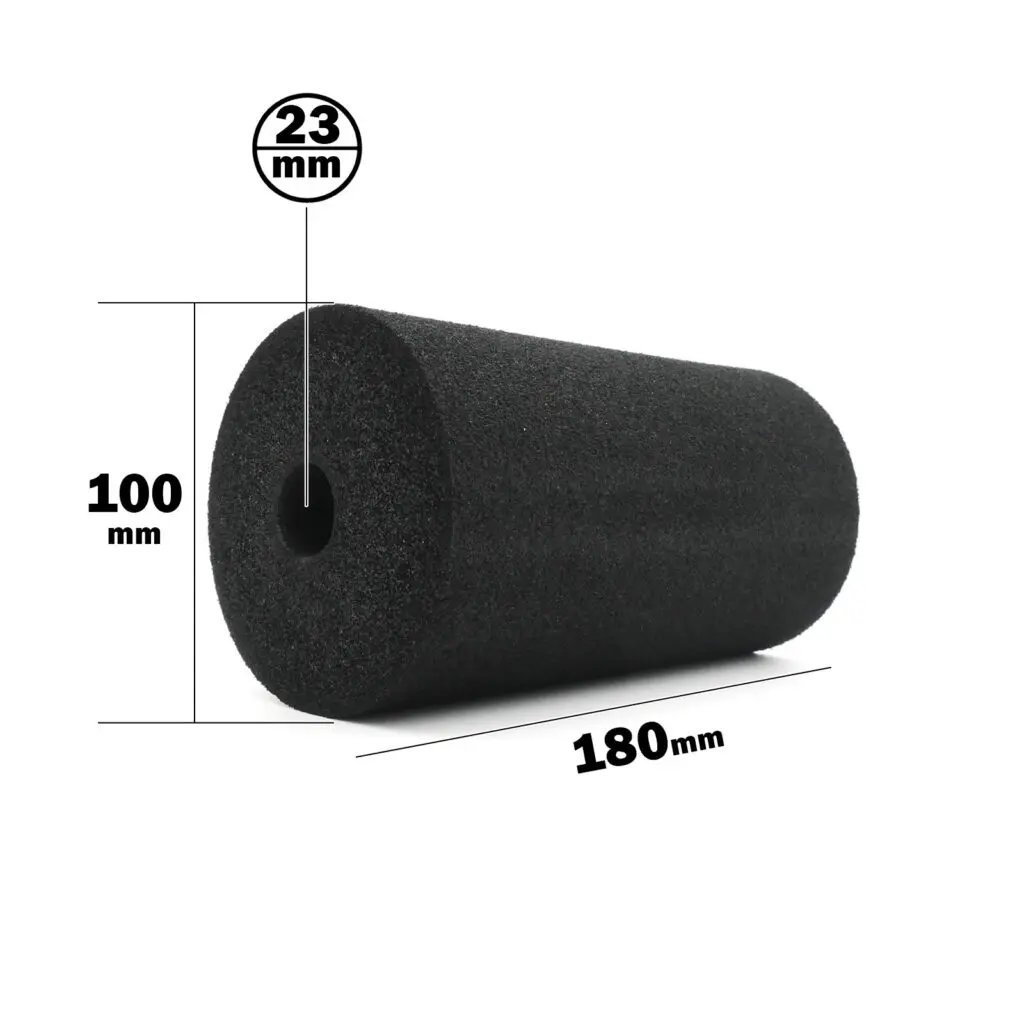 Foam Roller 100 x 180mm: black foam cylinder with dimensions of 180mm length, 100mm diameter, and a central hole of 23mm diameter.