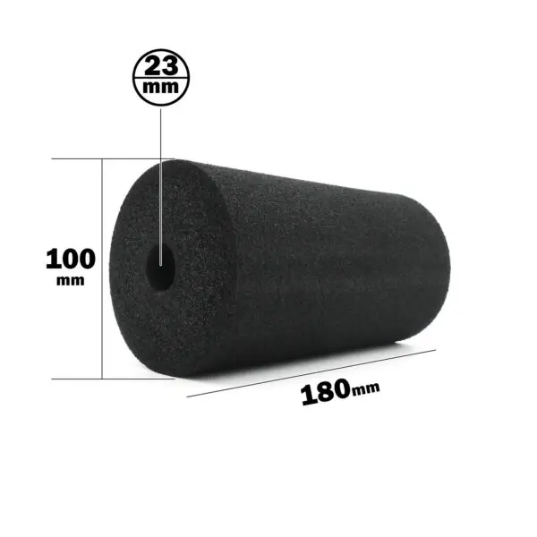 Foam Roller 100 x 180mm: black foam cylinder with dimensions of 180mm length, 100mm diameter, and a central hole of 23mm diameter.
