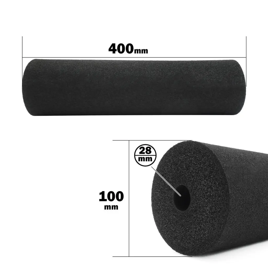 The Foam Roller 100 x 400mm is shown as a black cylinder with dimensions: 400mm in length, 100mm in diameter, and a 28mm central hollow core, highlighting its size and structure.