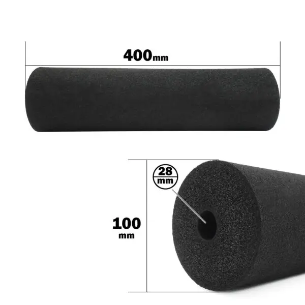 The Foam Roller 100 x 400mm is shown as a black cylinder with dimensions: 400mm in length, 100mm in diameter, and a 28mm central hollow core, highlighting its size and structure.