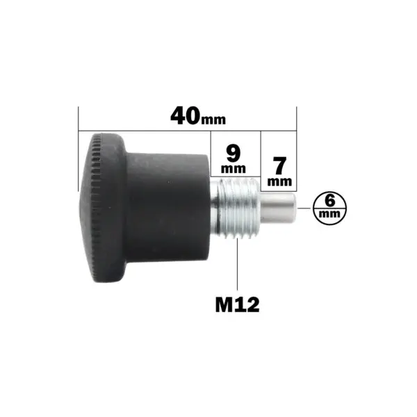 An image shows a black cylindrical knob named Pop Pin M12 15mm, featuring measurements: knob diameter of 40mm and a threaded metal part with dimensions of 9mm, 7mm, and 6mm, marked with an M12 thread specification.