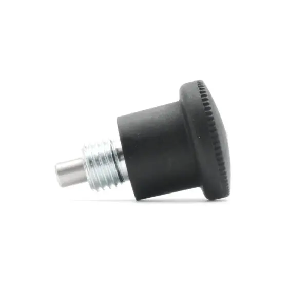 A Pop Pin M12 15mm, featuring a black threaded knob with a metal screw, is shown on its side against a white background. The knob has a ridged edge for grip.