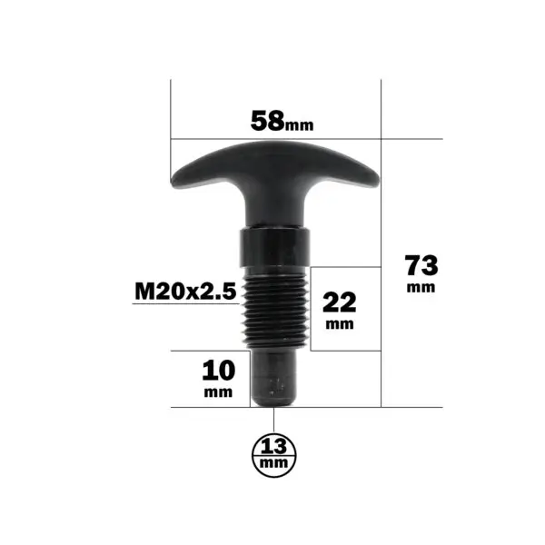The Pop Pin M20 2.5 Thread features a black T-shaped handle with a total height of 73mm and handle width of 58mm. It has a threaded bolt thats M20x2.5 with a section 22mm long and 13mm wide, plus an additional unthreaded section measuring 10mm before the threading starts.