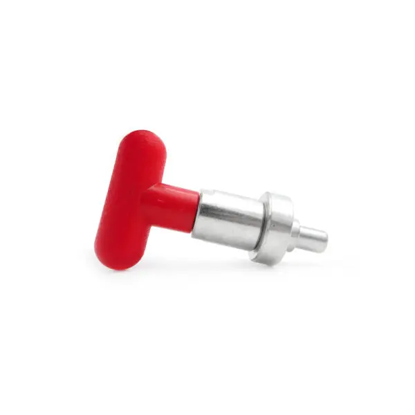 The Pop Pin M20 30mm, featuring a metallic cylindrical body and a red T-shaped handle, has a shiny silver surface contrasting with its bright red plastic. It is displayed slightly angled to the right on a white background.