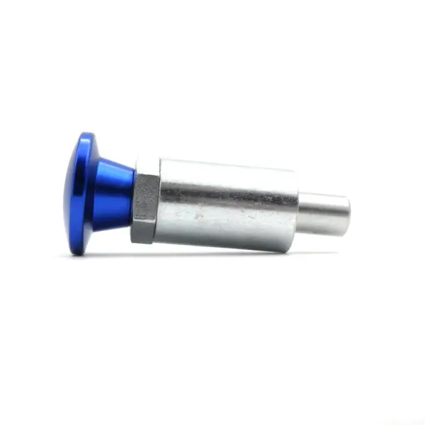 An industrial Pop Pin M20 55mm 8131 with a silver cylindrical body and a flat, circular blue head is displayed horizontally against a white background.