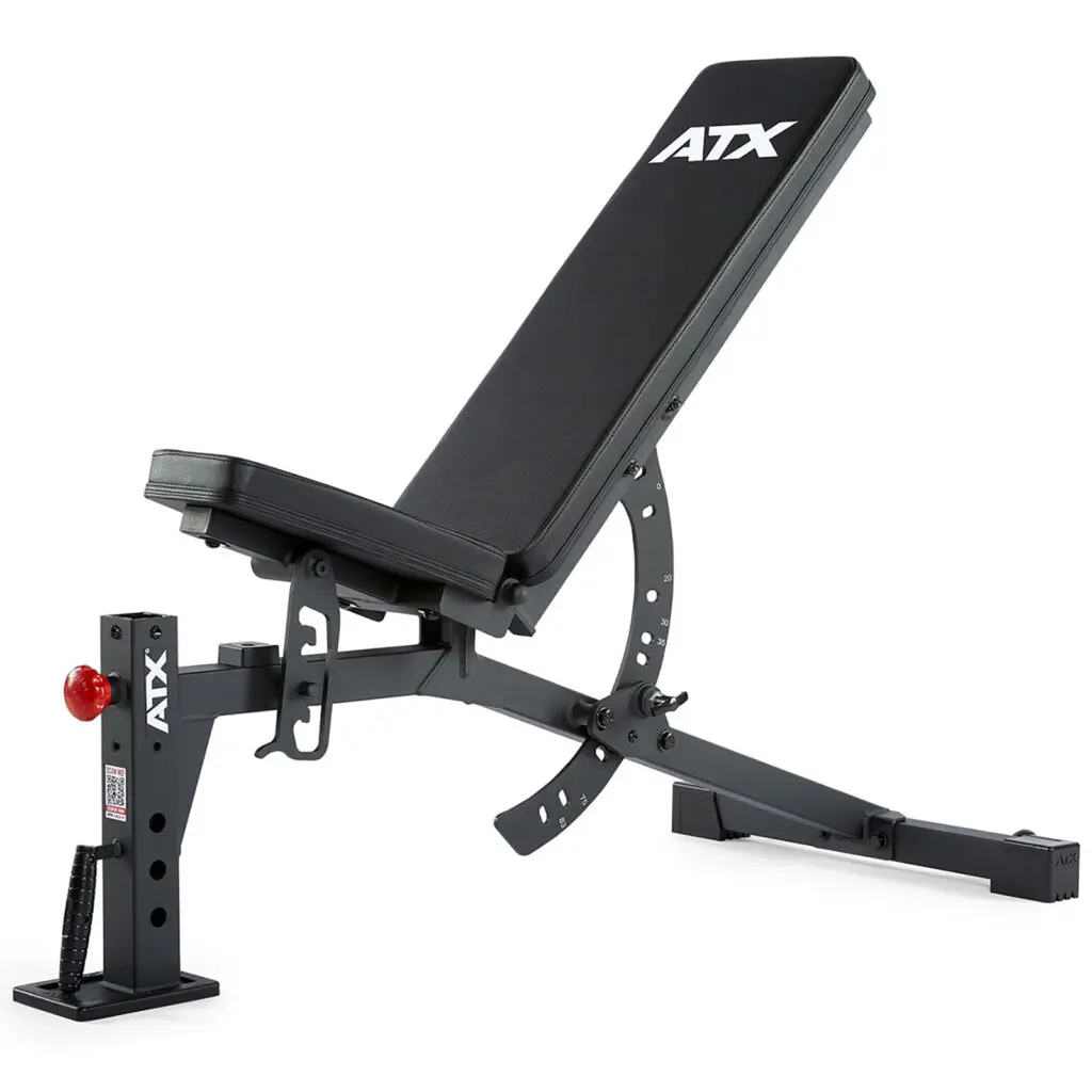 The ATX® FID Bench 520 2.0 is an adjustable, portable black workout bench with a padded seat and backrest. It features a sturdy metal frame, quick adjustment mechanisms, and a red safety pin. Ideal for diverse strength exercises, its perfect for fitness enthusiasts on the move.