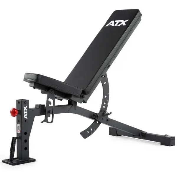 The ATX® FID Bench 520 2.0 is an adjustable, portable black workout bench with a padded seat and backrest. It features a sturdy metal frame, quick adjustment mechanisms, and a red safety pin. Ideal for diverse strength exercises, its perfect for fitness enthusiasts on the move.