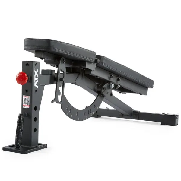 The ATX® FID Bench 520 2.0 features a black padded surface and a sturdy steel frame, adjustable to multiple angles, including declined positions. Its base stability makes it ideal for various workouts while remaining portable.
