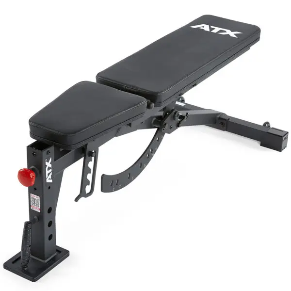 The ATX® FID Bench 520 2.0 is a portable adjustable weight bench with a padded black seat and backrest, featuring a red adjustment knob and sturdy metal frame, ideal for home or gym workouts.