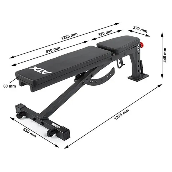 The ATX® FID Bench 520 2.0 is an adjustable, portable workout bench with dimensions: length 1375 mm, width 650 mm, height 445 mm. It features a cushioned seat and backrest marked with ATX, and includes wheels for easy movement.