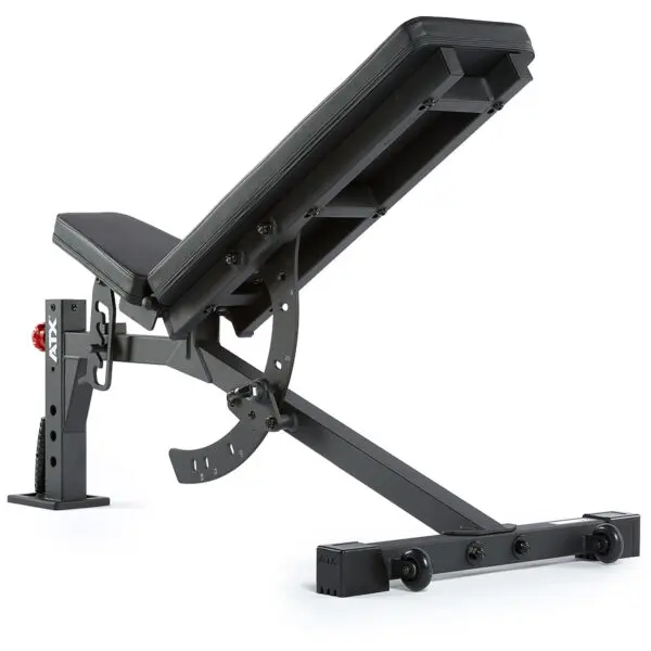 The ATX® FID Bench 520 2.0 is an adjustable weight bench with a sturdy steel frame, padded black seat and backrest. It features a lever for angle adjustments and wheels for easy mobility, allowing use in a partially inclined position.