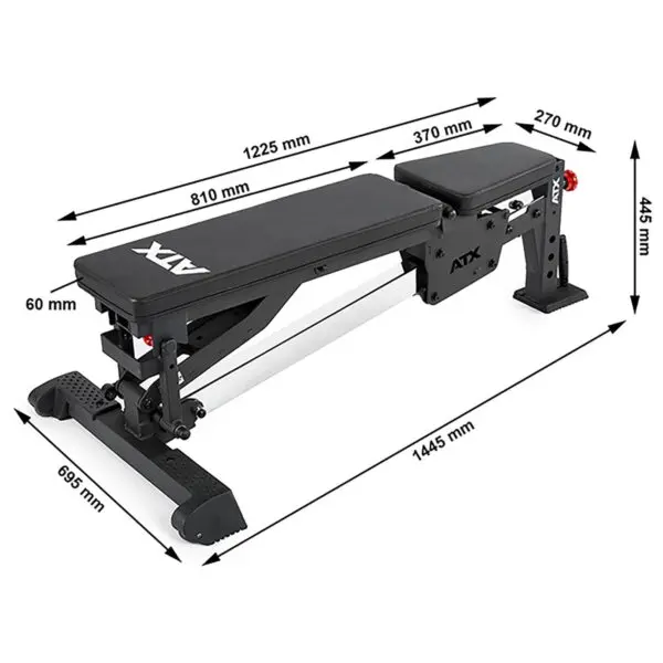 Adjustable fid bench with measurements shown. The bench is black with labeled dimensions including a 1225 mm backrest length, 810 mm seat length, 370 mm width, and 60 mm padding thickness. Overall dimensions are a length of 1445 mm and height of 445 mm.