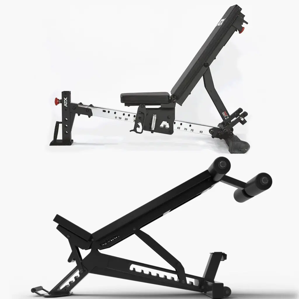 Two adjustable FID benches are shown. The top bench is in a partially inclined position with a red adjustment knob. The bottom bench offers similar incline options with foam rollers for leg support. Both are sleek and modern in design, perfect for versatile workouts.