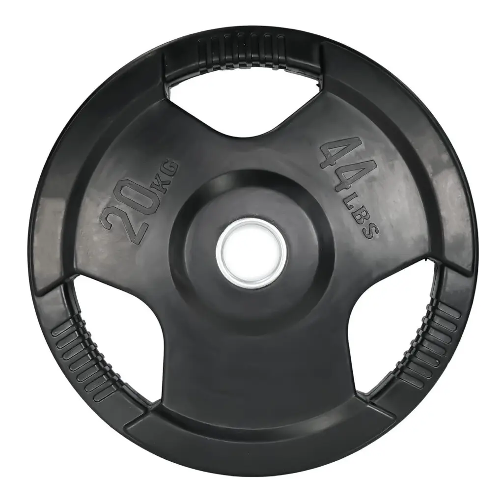 20kg tri grip Olympic plate with rubber coating. It has 44lbs written on as well