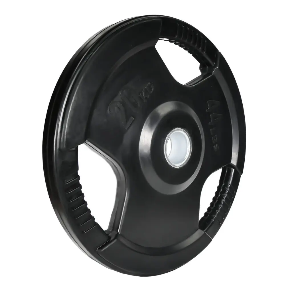 A black 44-pound weight plate with three grip handles and a silver metal center ring, designed for use with a barbell.