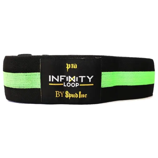 A black resistance band with a vibrant green stripe, labeled Spud Inc Infinity Loop in white and yellow text.